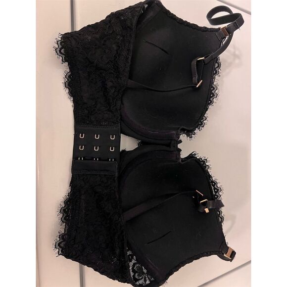 Aerie Women's Black Push Up Plunge Bra 32D Eyelash Lace Wireless - Picture 2 of 3